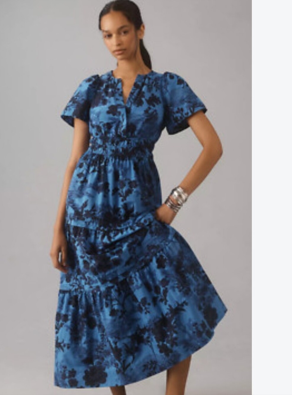 Anthropologie Serset Blue Floral Smocked-Waist Maxi Dress Size Medium